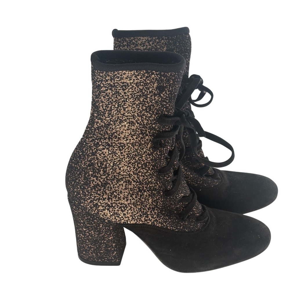 Gianvito Rossi Ankle Boots Danis Sock Granny Lace Up Black Gold Block Heel 6.5